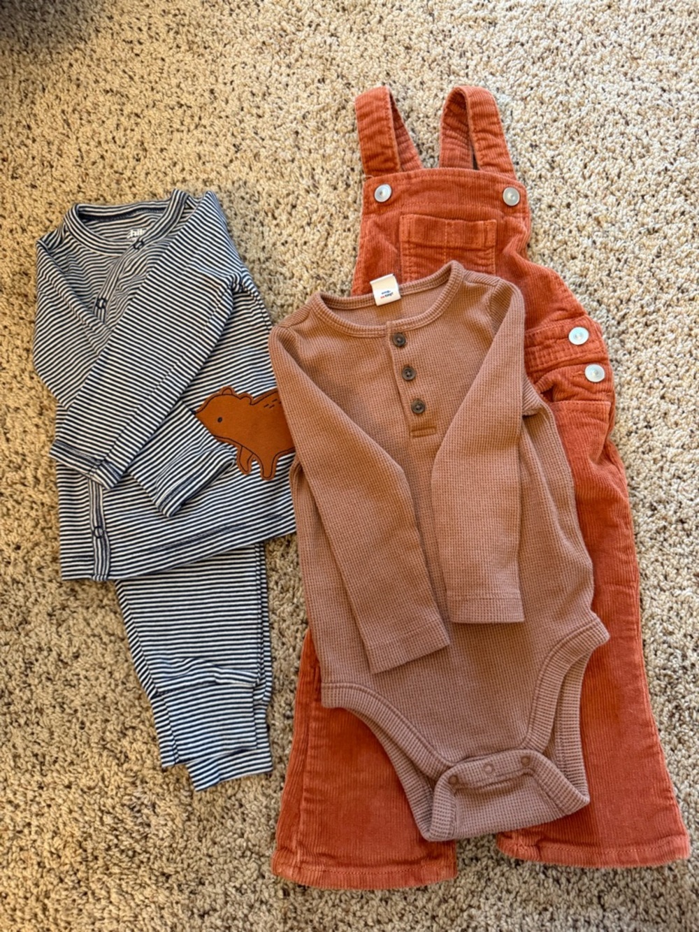 12M Bundle w/ Corduroy Baby Overalls, Waffle Knit Bodysuit, Striped Set